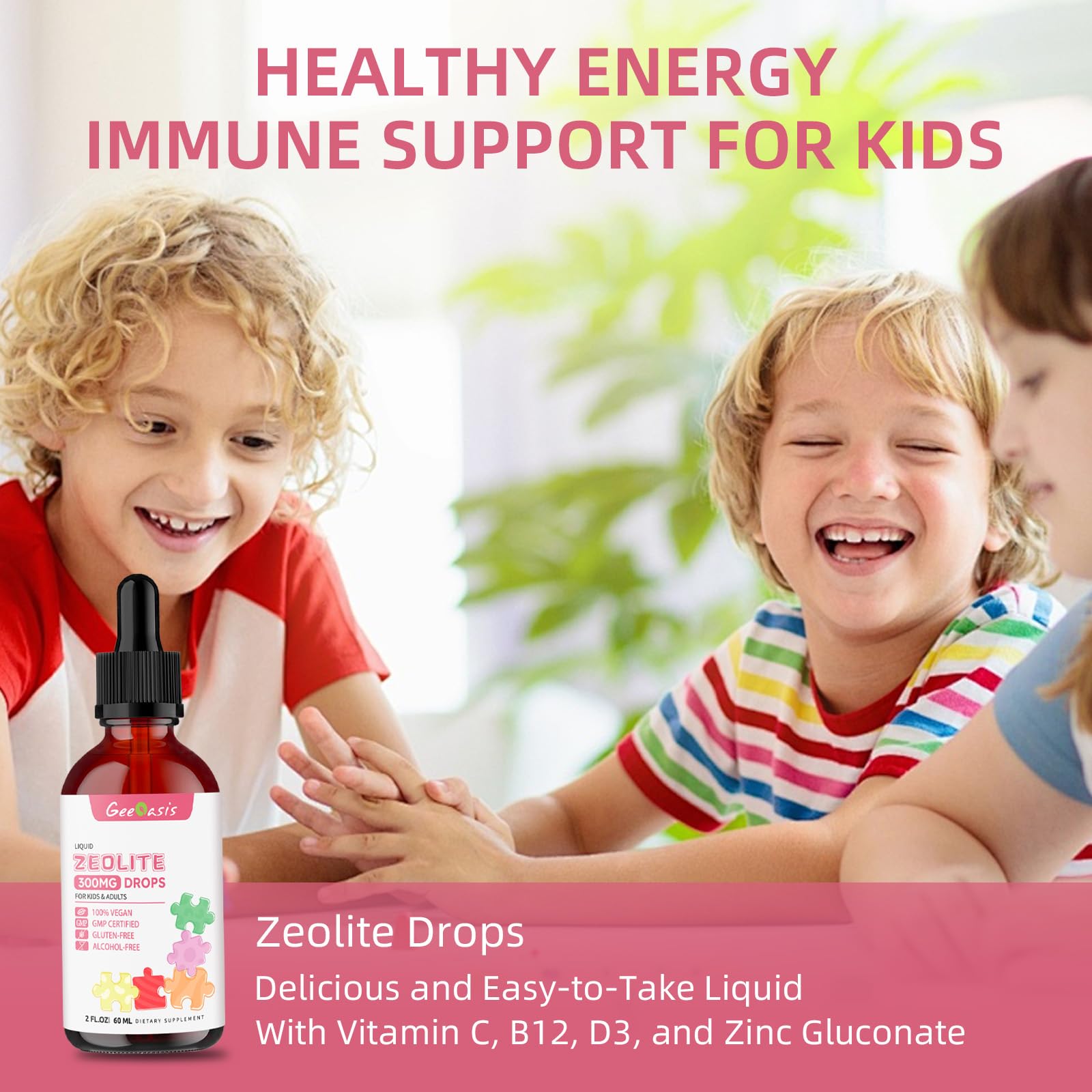 Geeoasis Zeolite Detox for Kids & Adults, 300 mg Zeolite Clinoptilolite Liquid with Vitamin B12 & D3, Vitamin C & Zinc Gluconate, Immune Support & Gut Health, Natural Strawberry Flavor, 2 Fl Oz GeeoasisBuy Supplements Australia