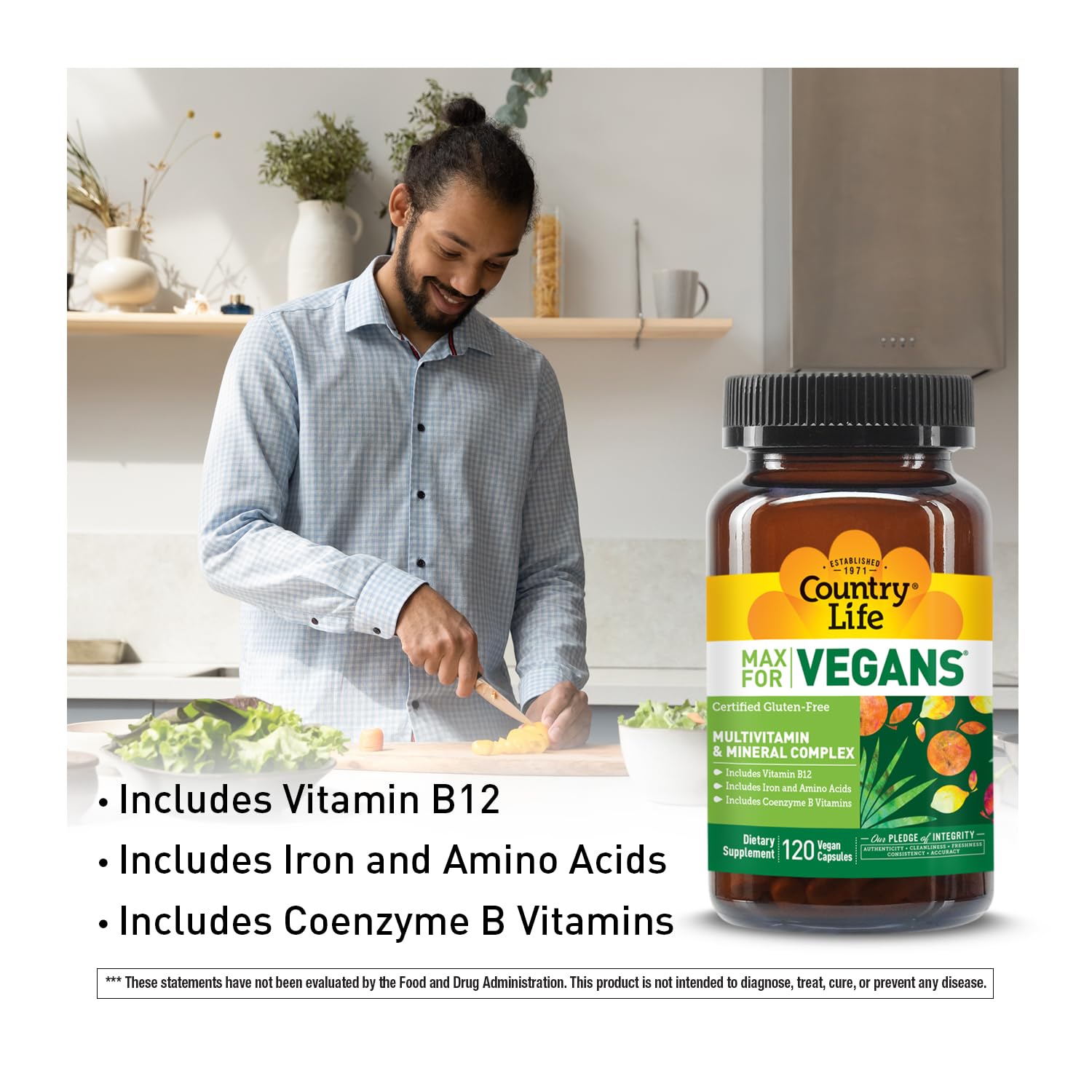 Country Life Max for Vegans - 120 Vegan Capsules - Daily Multivitamins - Immune Support Supplement - Contains Vitamin B12, Iron, Amino Acids, Coenzyme B Vitamins - Gluten-Free Country LifeBuy Supplements Australia