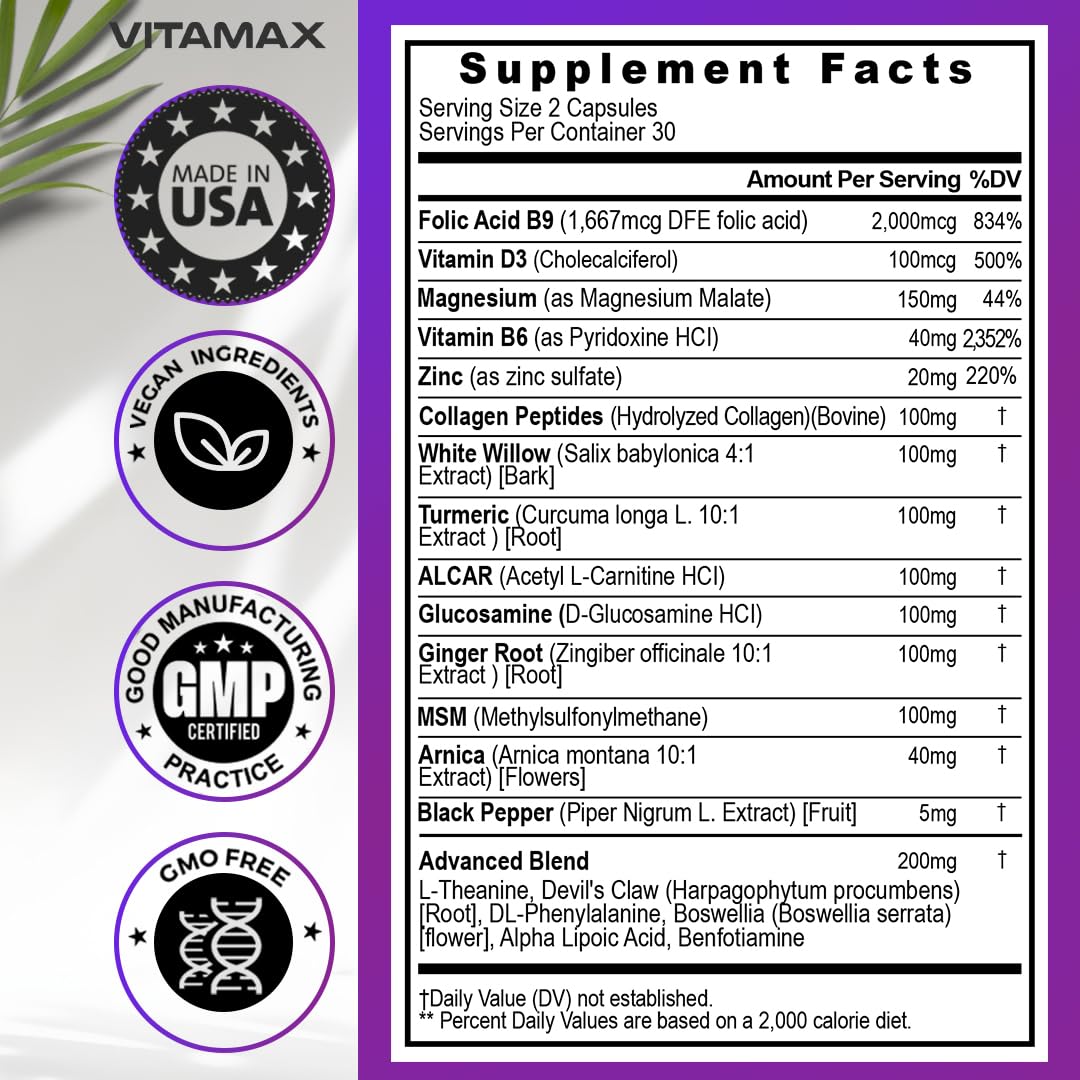 Sciatic Nerve Health Support - Sciatic Nerve Supplement Capsules with Folic Acid, Pea, Glucosamine, MSM, Vitamin B Complex, Alpha Lipoic Acid 300mg – 60ct – Made in USA VitamaxBuy Supplements Australia