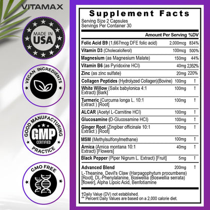 Sciatic Nerve Health Support - Sciatic Nerve Supplement Capsules with Folic Acid, Pea, Glucosamine, MSM, Vitamin B Complex, Alpha Lipoic Acid 300mg – 60ct – Made in USA VitamaxBuy Supplements Australia