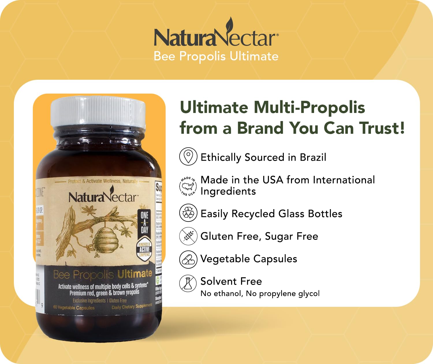 NaturaNectar - Ultimate Bee Propolis Capsules - NSF Contents Certified -Brazilian Red, Brown, & Green - Gluten-Free Supplement with Flavonoids - Naturally Sourced Through Ethical Beekeeping (60pcs.) NaturaNectarBuy Supplements Australia