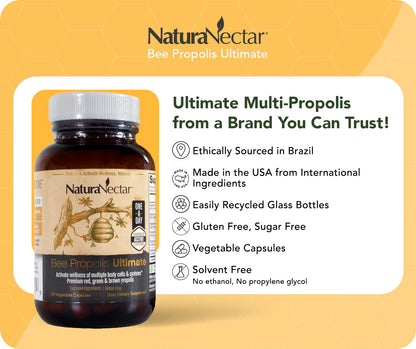 NaturaNectar - Ultimate Bee Propolis Capsules - NSF Contents Certified -Brazilian Red, Brown, & Green - Gluten-Free Supplement with Flavonoids - Naturally Sourced Through Ethical Beekeeping (60pcs.) NaturaNectarBuy Supplements Australia