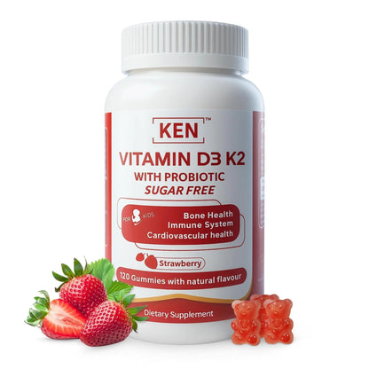 KEN Vitamin D3 K2 with Probiotic for Kids, Sugar-Free Gummies for Calcium Absorption, Bone Support, 5 Billion CFU Probiotics for Gut Balance and Immune Function KEN