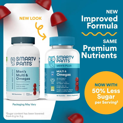 SmartyPants Men's Multivitamin Gummies - Improved Formula: Omega 3 (DHA/EPA), Methylfolate, Vitamin D3, C, Vitamin B12, B6, Vitamin A SmartyPants
