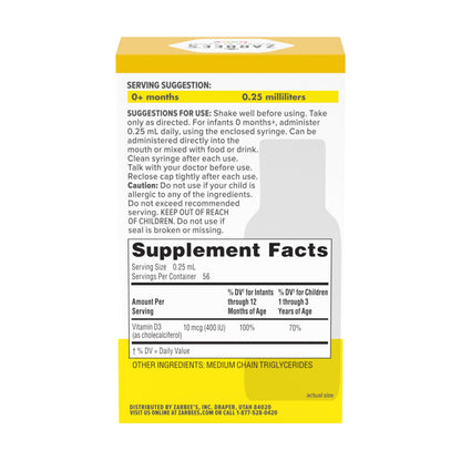 Zarbee's Vitamin D Drops for Infants, 400IU (10mcg) Baby & Toddler Liquid Supplement, Newborn & Up, Dropper Syringe Included, 0.47 Fl Oz