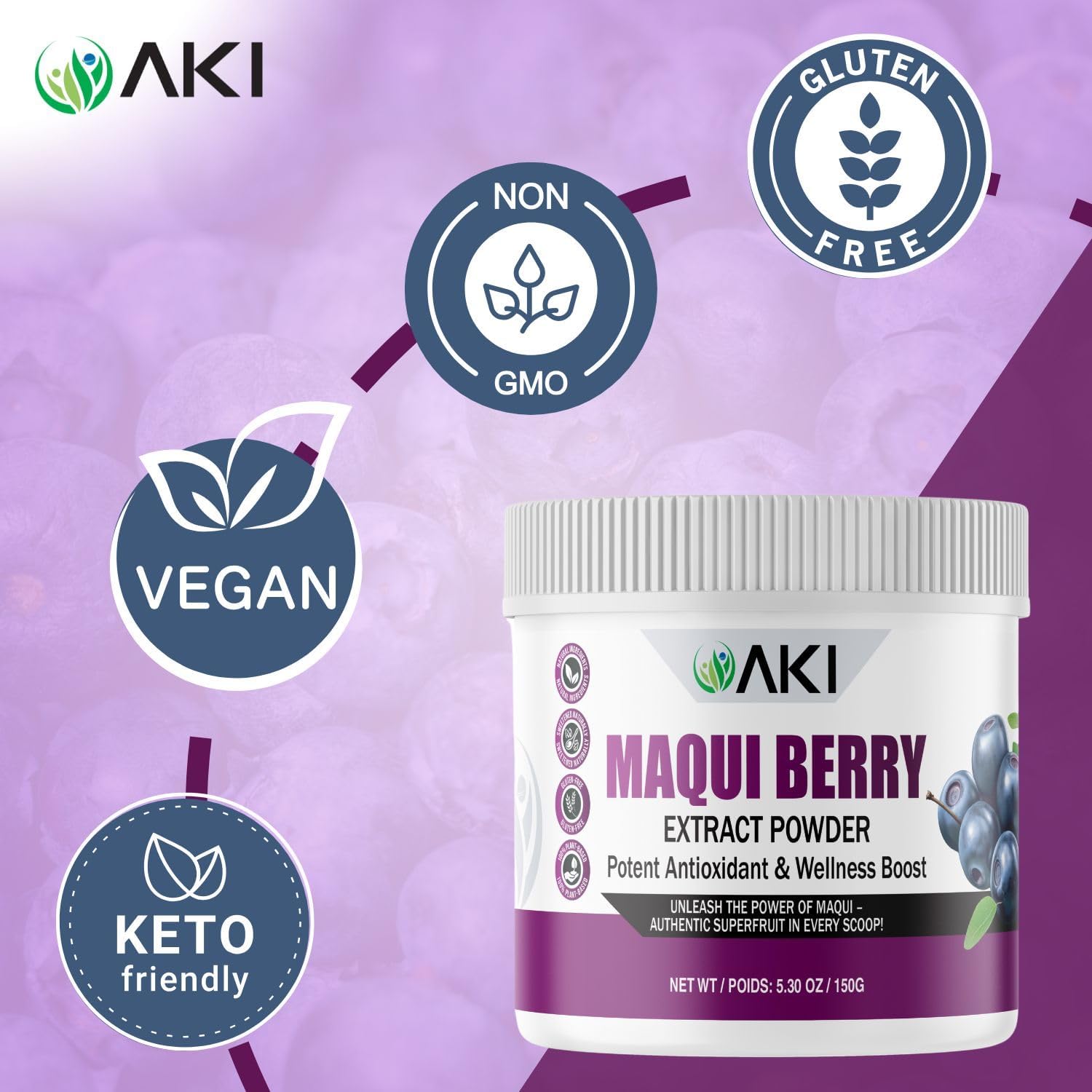 AKI Maqui Berry Extract Powder – Wild Harvested from Patagonia, High in Anthocyanins & Polyphenols, Freeze-Dried Superfruit for Smoothies, Non-GMO, Vegan, 150g/ 5.3 oz AKI ORGANICBuy Supplements Australia