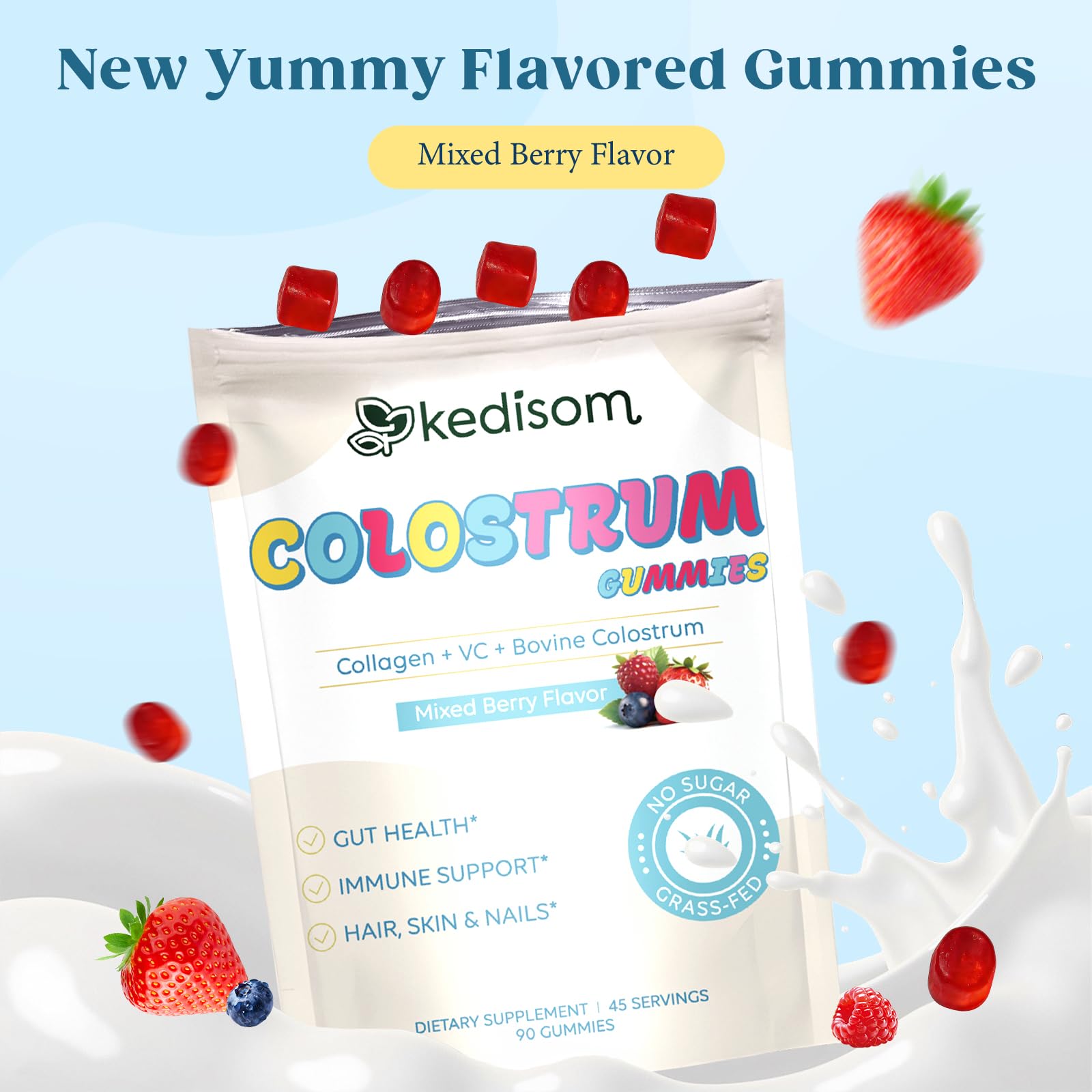 KEDISOM Colostrum Gummies, Grass Fed Colostrum Supplement, 90 Bovine Colostrum Gummies, 45 Servings, Mixed Berry, Sugar-Free KEDISOMBuy Supplements Australia