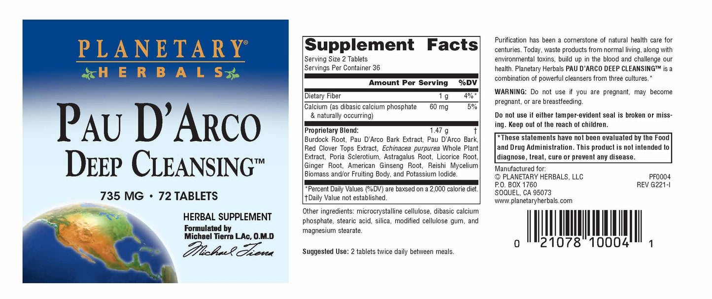 Planetary Herbals PAU D'Arco Deep Cleansing, Herbal Supplement, 735 mg - 72 Tablets Planetary HerbalsBuy Supplements Australia