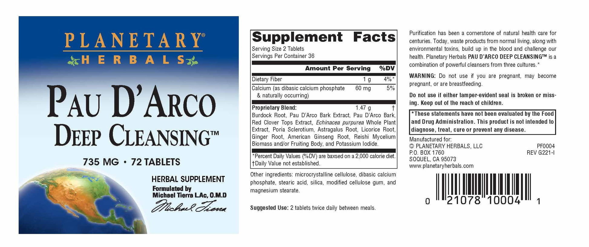 Planetary Herbals PAU D'Arco Deep Cleansing, Herbal Supplement, 735 mg - 72 Tablets Planetary HerbalsBuy Supplements Australia
