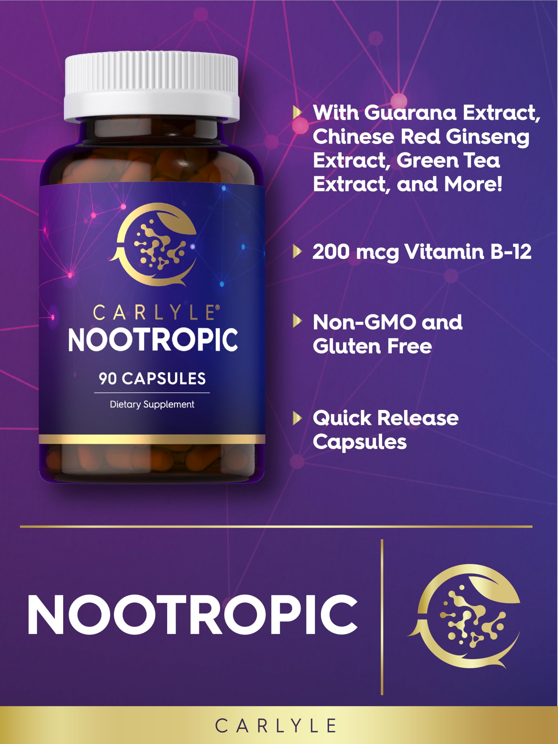 Carlyle Brain Nootropic Supplement | 90 Capsules | with Caffeine, B12, and Guarana Extract | Non-GMO & Gluten Free CarlyleBuy Supplements Australia
