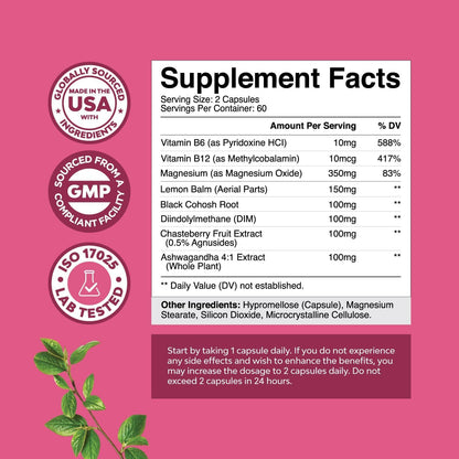 PMS Support Supplement for Women – Hormone Balance for Women & Menstrual Discomfort with DIM, Chasteberry, Black Cohosh & Ashwagandha - for Period Cramps Ease, Menopause Bloating, Mood Swing – 120 Ct Natures CraftBuy Supplements Australia