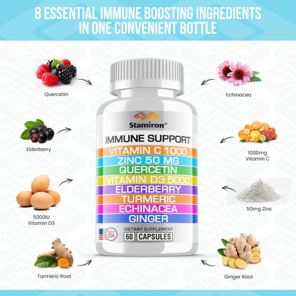 8 in 1 Immune Support with Quercetin Zinc 50mg Vitamin C 1000mg Vitamin D3 5000 IU and Elderberry Echinacea Ginger for Adults Kids - VIT D Supplement Veg Capsules StamironBuy Supplements Australia