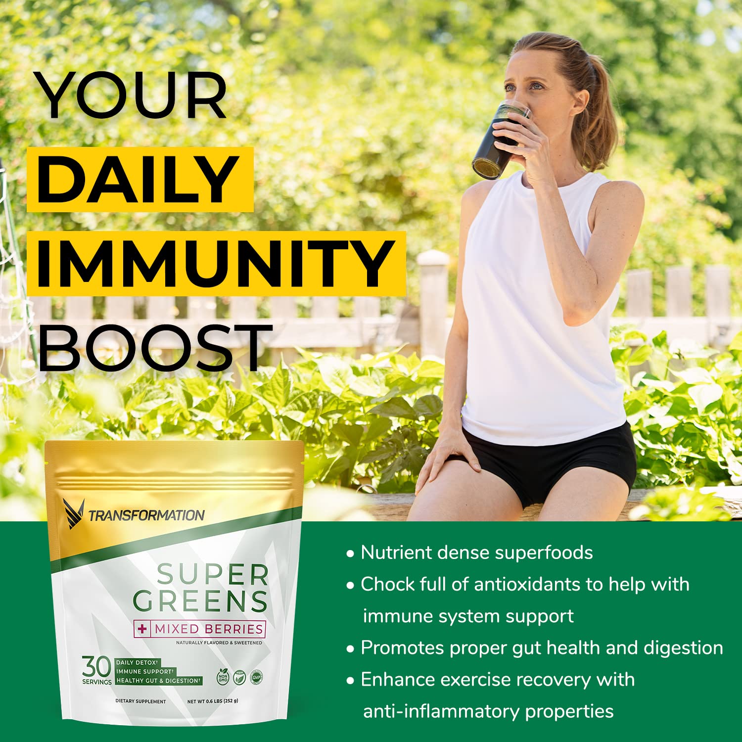 Transformation Super Greens Superfood Green Juice Powder - Immune & Energy Support | Natural Ingredients | Detoxifying & Alkalizing Minerals - Spirulina, Chlorella, Wheatgrass, Spinach, Alfalfa SPR BODYBuy Supplements Australia
