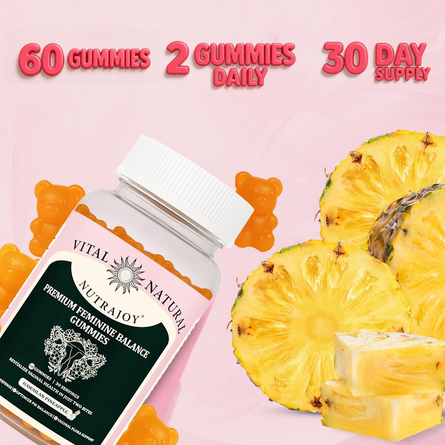 NUTRAJOY Premium Feminine Balance Gummies, for Women's Ph Health, Vaginal Wellness Support, Immune Support, Energy Support, Hawaiian Pineapple, Vegan Gluten-Free, 60 Gummies NUTRAJOYBuy Supplements Australia