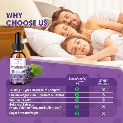 GREENPEOPLE Magnesium Glycinate Liquid Drops - 1000mg 5-in-1 High Absorption Liquid Magnesium for Sleep with D3/K2/B6 | Fast-Acting, Bone, Muscle & Sleep | Sugar-Free Grape Flavor, 2fl Oz GREENPEOPLEBuy Supplements Australia