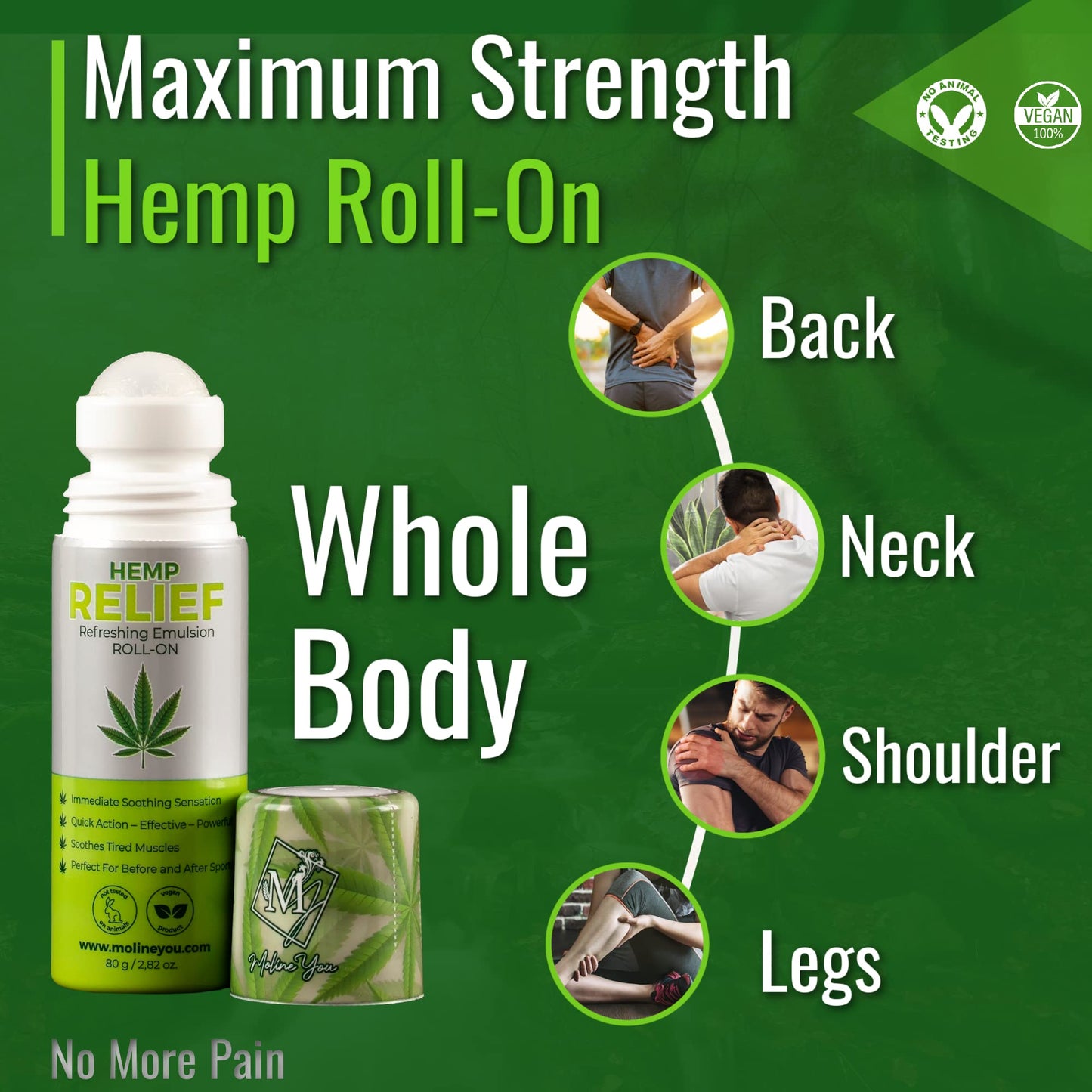 Moline You Natural Powerful Hemp Roll On, for Joint & Muscle Discomfort, Back, Neck, Knee, Shoulders HIPS. Formula with Hemp Oil Extract, Arnica, Menthol (Roll On 3 oz) Moline YouBuy Supplements Australia