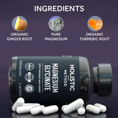 Magnesium Glycinate Capsules with Organic Turmeric and Ginger - 180 Vegan Capsules for Sleep, Relaxation, Muscle Cramps and Immune Support Holistic MethodBuy Supplements Australia