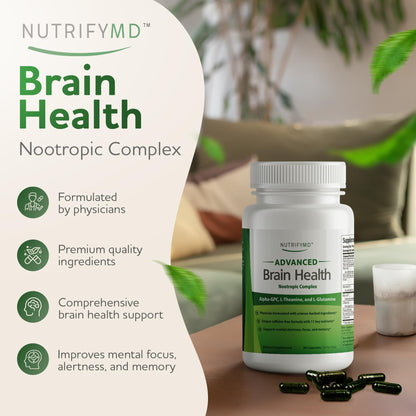 Advanced Brain Health Supplement with Alpha GPC, L-Theanine, L-Glutamine for Memory and Focus - 90 Capsules NutrifyMDBuy Supplements Australia