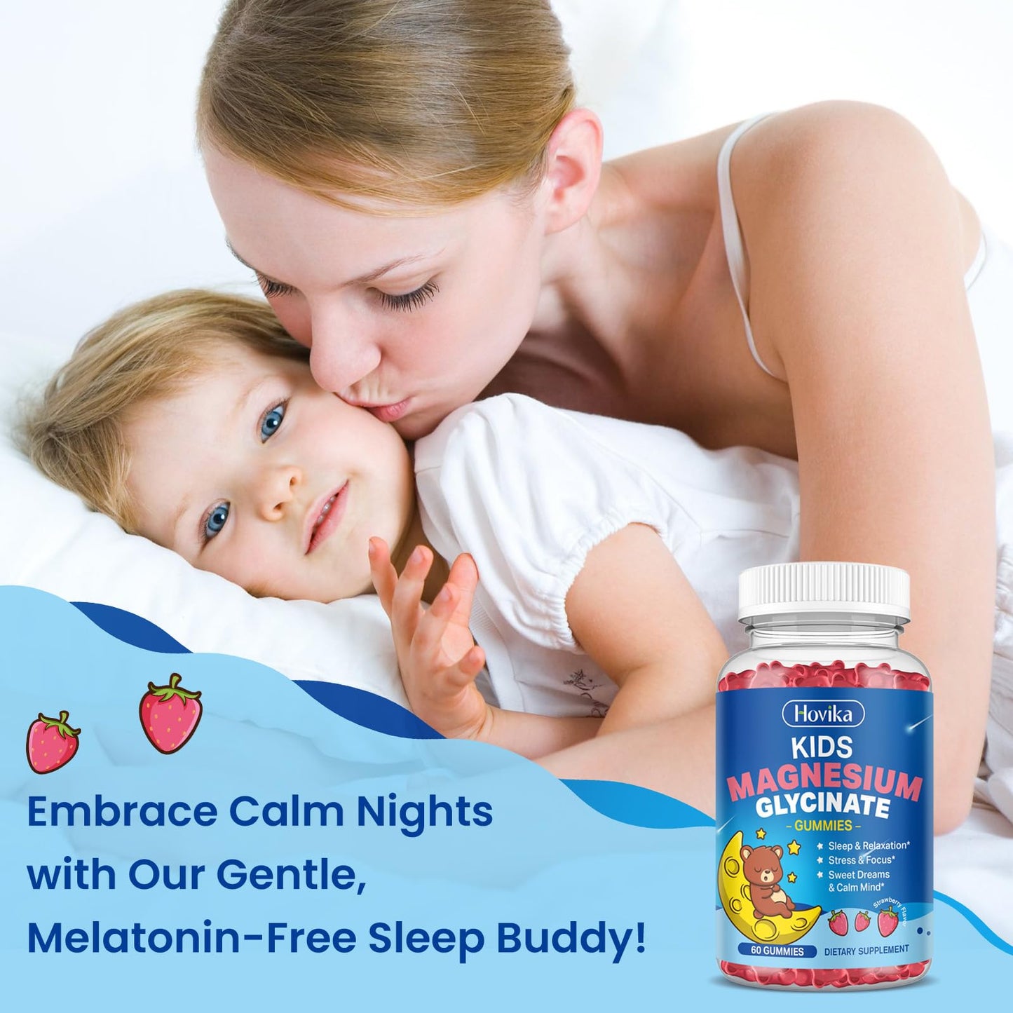 Magnesium Glycinate Gummies for Kids - with L-Theanine, Omega-3, Vitamin B6, D3, Zinc - Kids Magnesium Gummies for Sleep, Relaxation, Calm & Focus - Sugar Free Strawberry 60ct HovikaBuy Supplements Australia