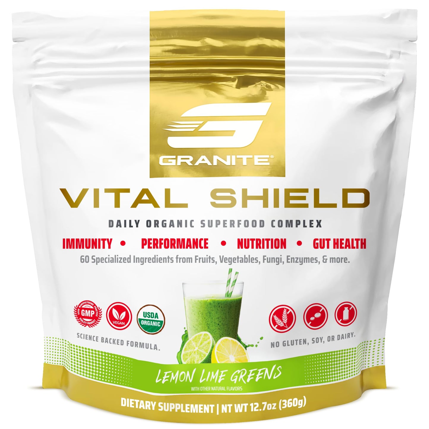 Granite Nutrition Vital Shield - USDA Organic Superfood Greens with Mushrooms & Tart Cherry – Supports Energy, Immune Function & Digestive Health – Lemon Lime Flavor (30 Servings) Granite SupplementsBuy Supplements Australia