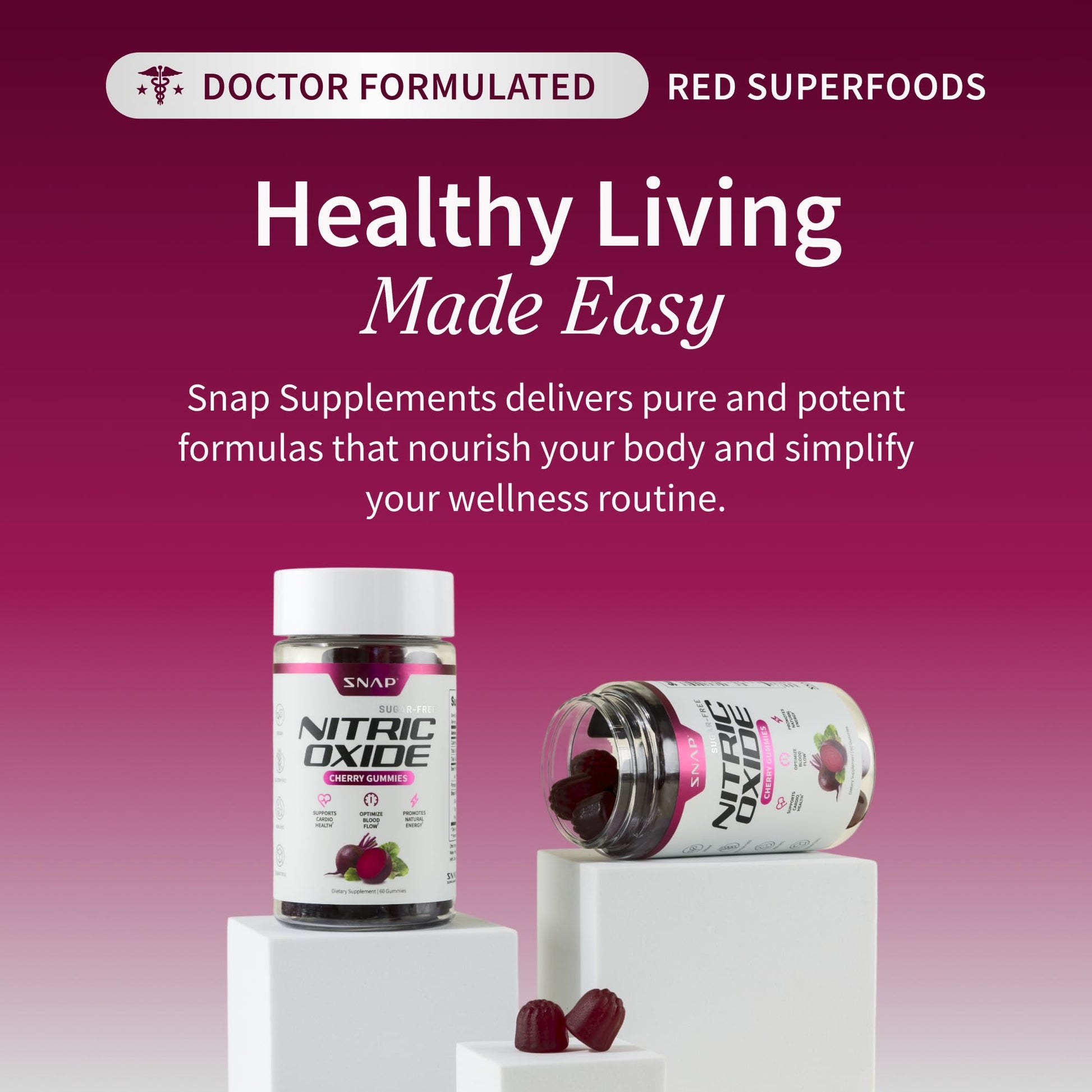 Snap Supplements Nitric Oxide Gummies - Beet Root Extract 300mg, Sugar Free Beetroot Supplement with Pomegranate Powder for Circulation & Natural Energy, 60 Vegan Gummies, Cherry Flavor Snap SupplementsBuy Supplements Australia