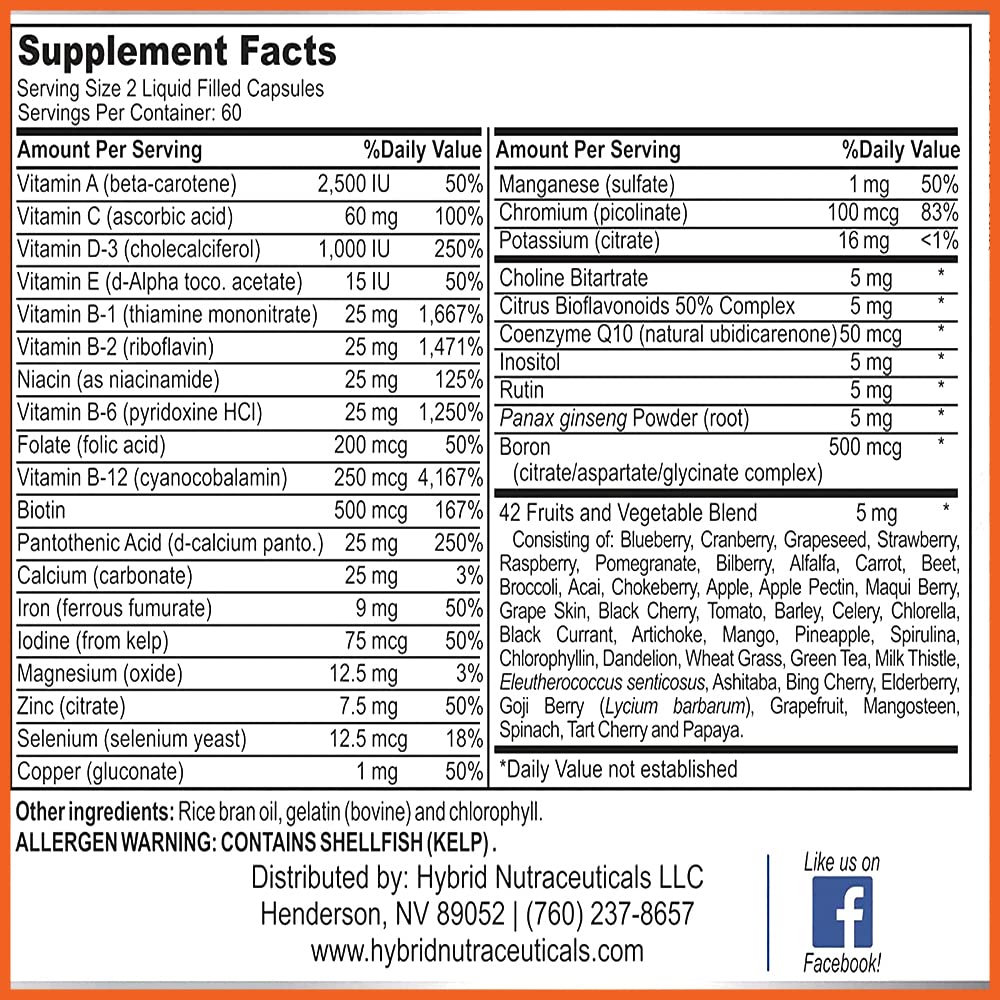 MiracleMulti Liquid Multivitamin Capsules for Men & Women - Complete Whole Food Blend Daily Vitamin & Mineral Supplement with CoQ10, B12, 42 Superfood Enzyme - 120 Softgels Hybrid NutraceuticalsBuy Supplements Australia