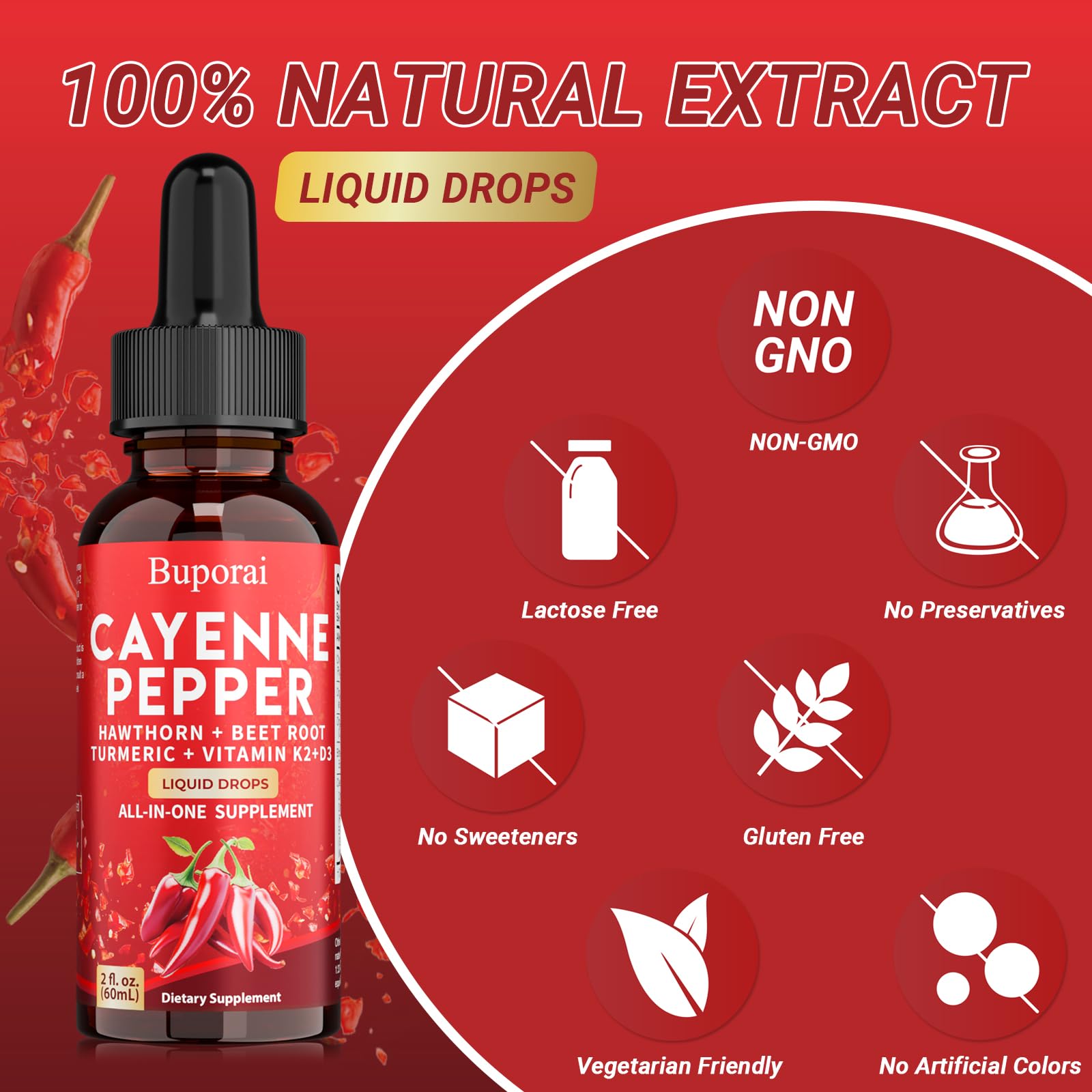 Buporai Cayenne Pepper Drops, Cayenne Pepper Extract Liquid Supplement for Overall Well-Being, 2 fl oz, Vitamin D3 K2 Beet Root Powder BuporaiBuy Supplements Australia