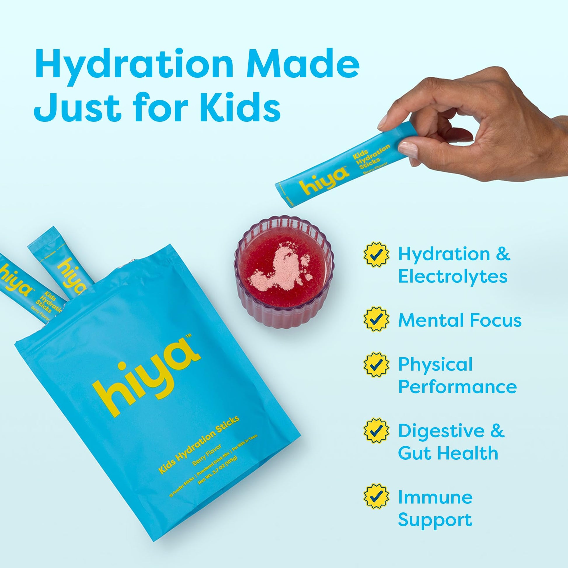Hiya Kids Hydration with Electrolytes - Zero Added Sugar Berry Flavored Kids Hydration Packets - 15 Sticks - Travel-Friendly Drink Mix for Children Ages 2+ HIYABuy Supplements Australia