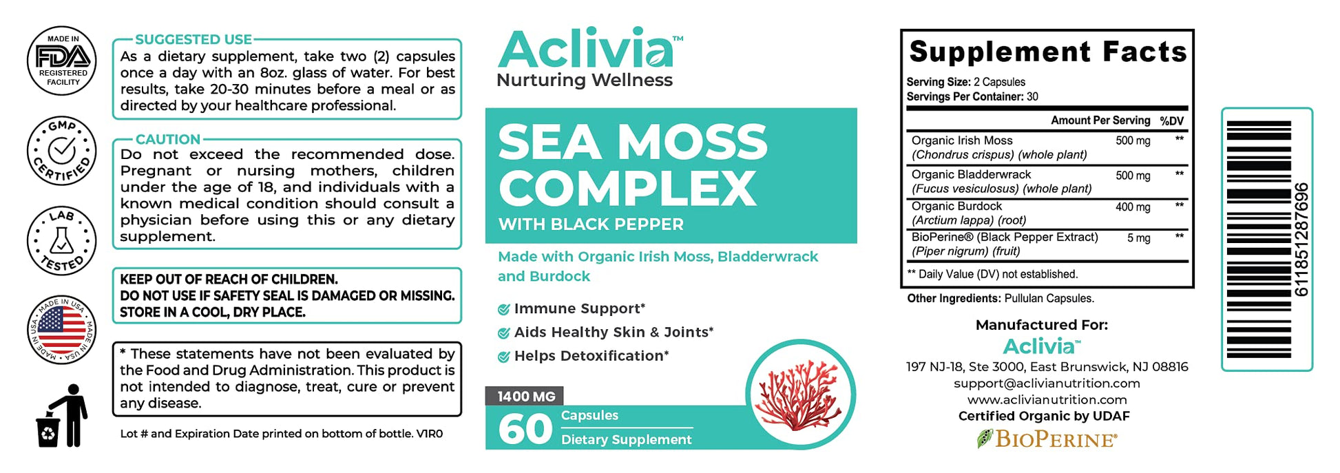 Aclivia - Organic Irish Sea Moss Capsules with Bladderwrack & Burdock Root - 102 Minerals Sea Moss Supplement - Thyroid Support, Immune Boost - Non-GMO (60 Count) AcliviaBuy Supplements Australia