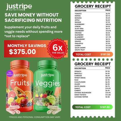 Fruits and Veggies Supplement - 90 Fruit and 90 Vegetable Capsules - 100% Whole Natural Superfood - Filled with Super Greens Vitamins and Minerals - Supports Balance Energy Levels (1 Pack) Just Ripe NutritionBuy Supplements Australia