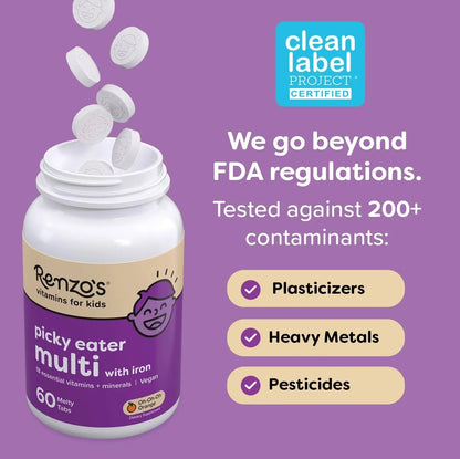 Renzo's Picky Eater Kids Multivitamin with Iron, Dissolving Kids Vitamins with Vitamin D3 and K2 and More, 60 Sugar-Free Melty Tabs Renzo'sBuy Supplements Australia