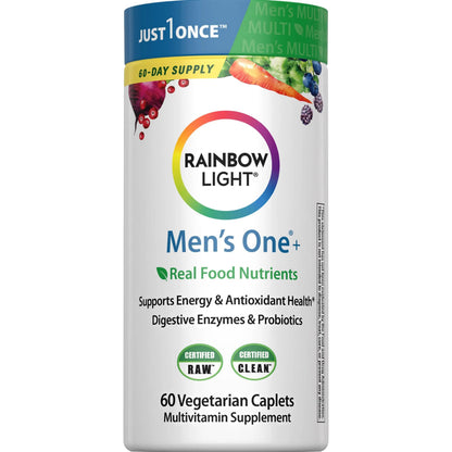 Rainbow Light Mens Multivitamin One + | 60 Caplets | Supports Energy & Antioxidant Health | with Real Food Nutrients, Digestive Enzymes & Probiotics Rainbow Light