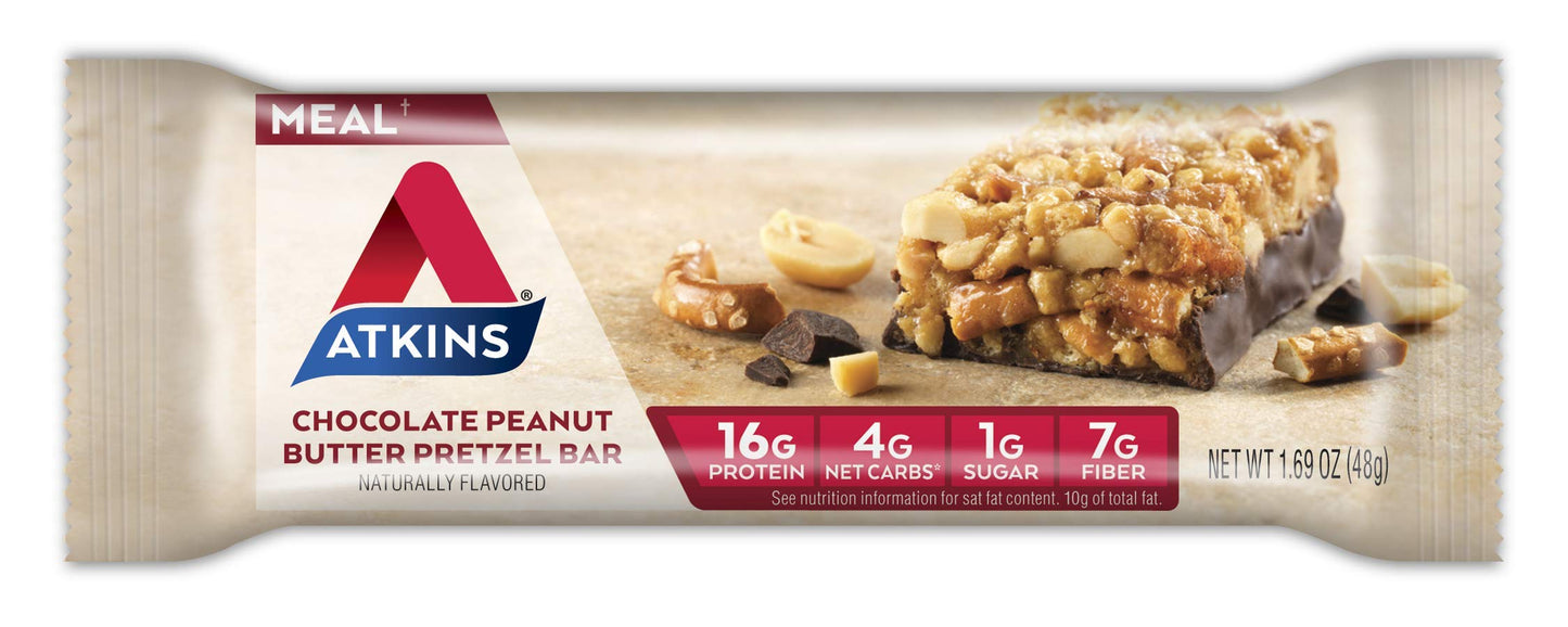 Atkins Chocolate Peanut Butter Pretzel Protein Meal Bar, High Fiber, 16g Protein, 1g Sugar AtkinsBuy Supplements Australia