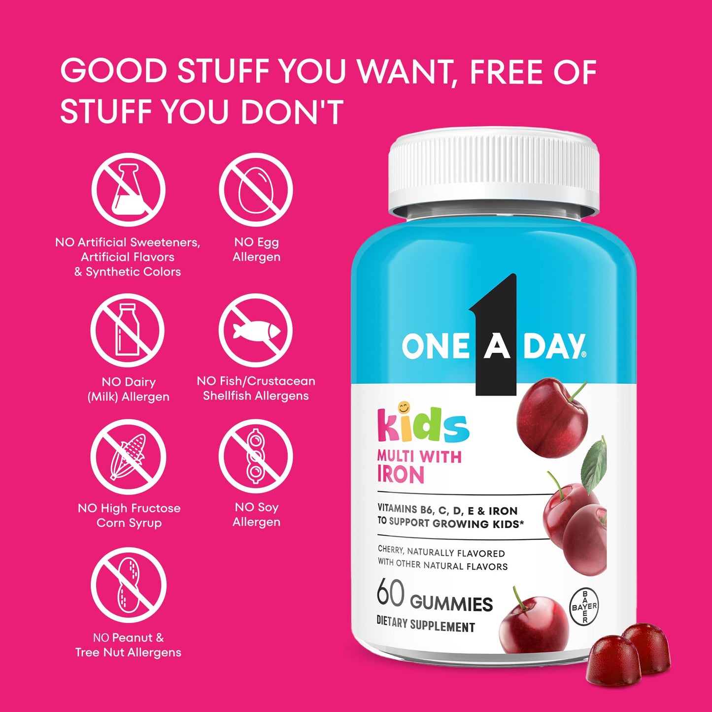 One A Day Kids Multivitamin with Iron Gummy, Vitamin D, Vitamin C, E, Zinc for Immune Support, Gummy Vitamins, Kids Multivitamin Gummies with Iron