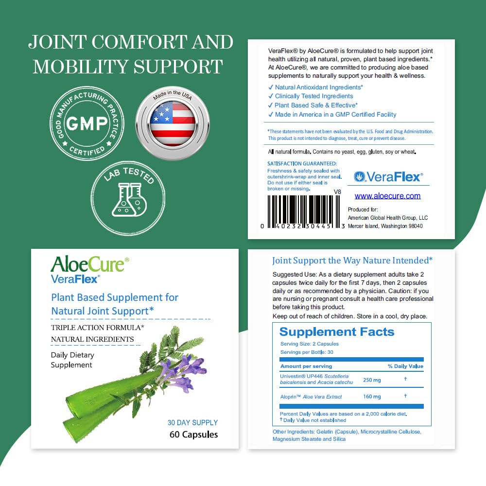 AloeCure VeraFlex Natural Joint Health, 60 Capsules, Clinically Tested Natural Plant-Based Formula to Support Comfort, Mobility and Flexibility - Featuring Organic Aloe Vera, 3-Pack AloeCureBuy Supplements Australia