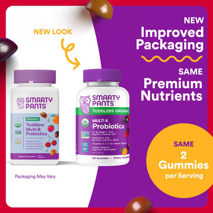 SmartyPants Organic Toddler Multivitamin Gummies: Probiotics, Omega 3 (ALA), Vitamin D3, C, Vitamin B12, B6, A, K & Zinc, Beta Carotene, Gluten Free