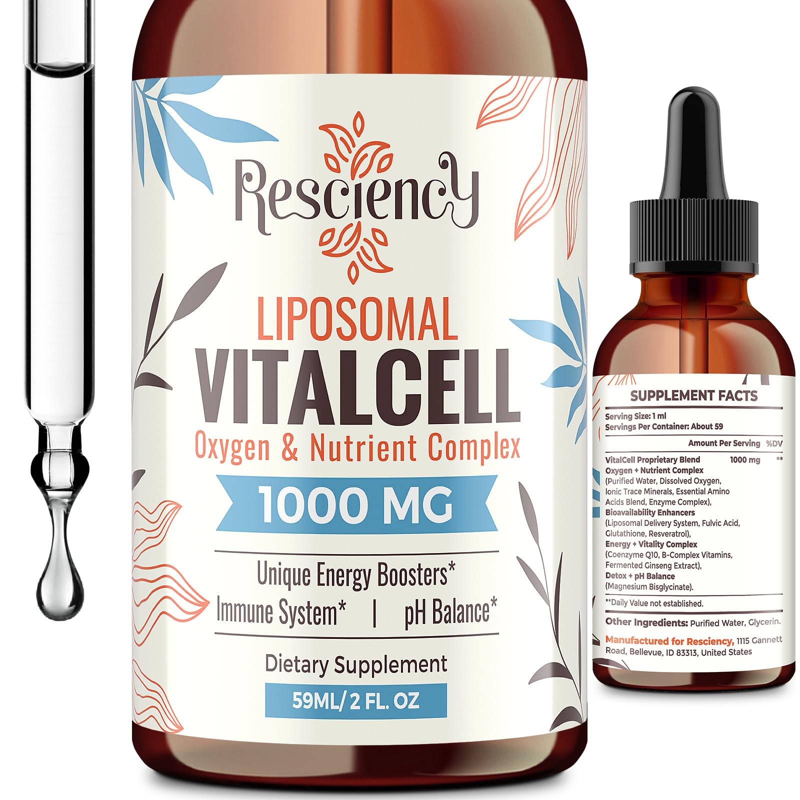 13-in-1 Liquid Oxygen Boost & Nutrient Supplement, Liposomal Optimized-Delivery Blend with Trace Minerals, Amino Acids, CoQ10, B Vitamins & Fulvic Acid, Daily Wellness Liquid Oxygen Drops, 2 fl oz ResciencyBuy Supplements Australia