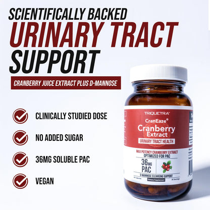 CranEaze®: Cranberry Juice Extract Plus D-Mannose – 36 mg PAC, 100% Soluble PAC - Supports Urinary Tract Health – Most Effective Cranberry Pills for Women,