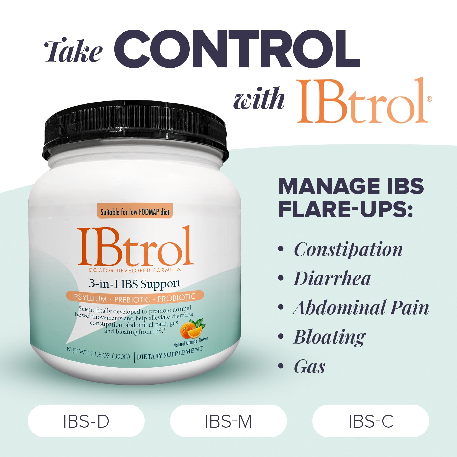 IBtrol® 3–in–1 IBS Gut Health Supplement with Psyllium, Prebiotic and Probiotics, Manages IBS Symptoms, Gas, Bloating, Diarrhea, Constipation, Abdominal Pain 60 Servings (Natural Orange Flavor) MedtritionBuy Supplements Australia