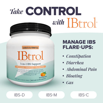 IBtrol® 3–in–1 IBS Gut Health Supplement with Psyllium, Prebiotic and Probiotics, Manages IBS Symptoms, Gas, Bloating, Diarrhea, Constipation, Abdominal Pain 60 Servings (Natural Orange Flavor) MedtritionBuy Supplements Australia