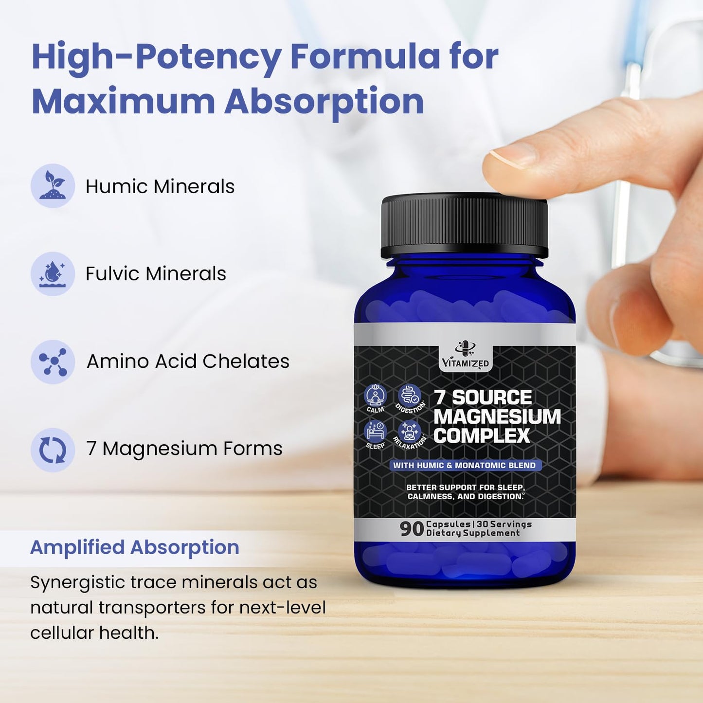 Magnesium Complex for Sleep, Relaxation, Digestion & Calm – Magnesium Glycinate, Citrate, Bisglycinate, Carbonate, Malate, Orotate, Taurate, + Humic/Fulvic for High Absorption - 90 ct. VITAMIZEDBuy Supplements Australia