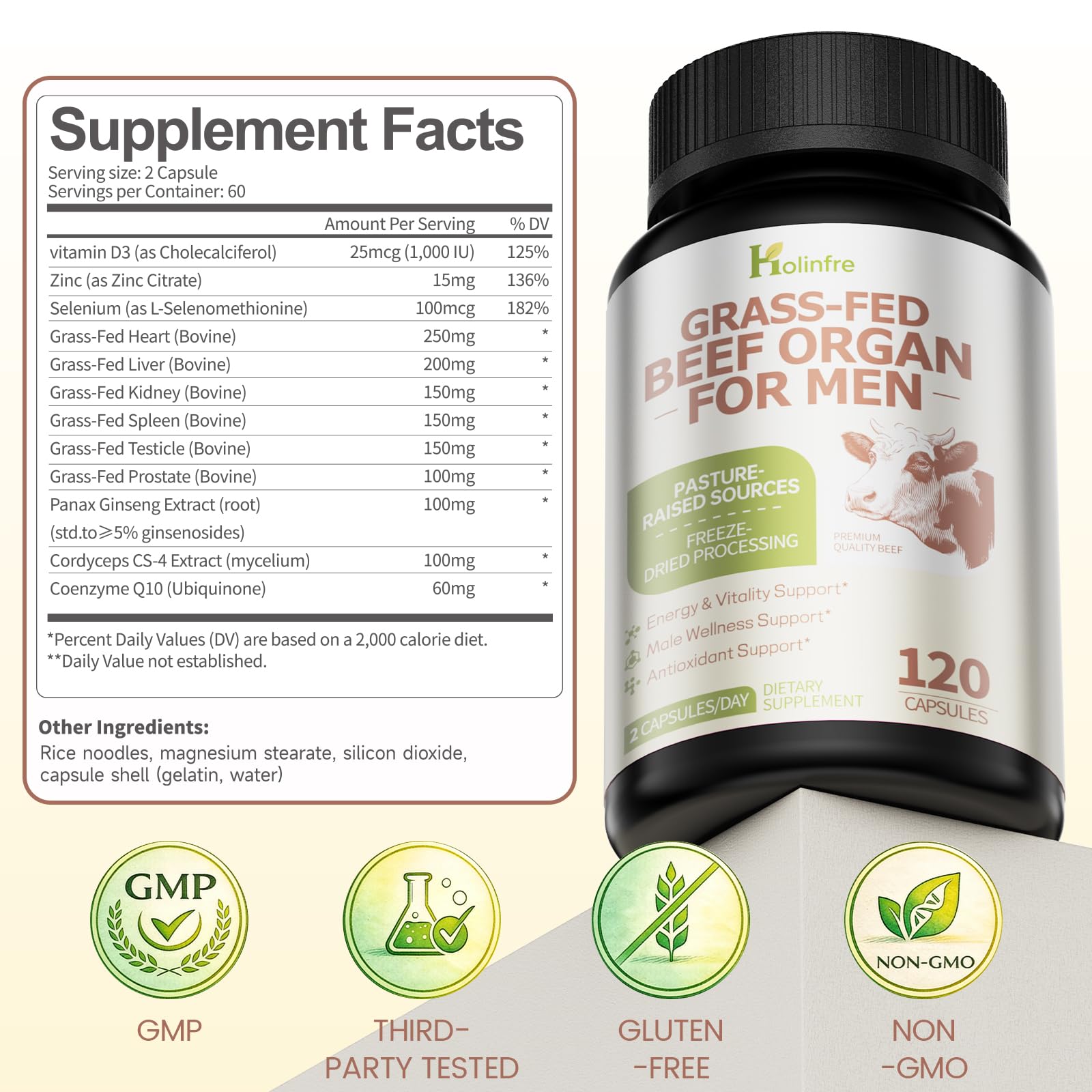 Grass Fed Beef Organ Supplement for Men - Beef Liver Capsules,Pasture Raised Beef Organs with Heart, Liver, Kidney, Spleen, Testicle & Prostate, Zinc, Selenium, Vitamin D3, Ginseng, Cordyceps HOLINFREBuy Supplements Australia