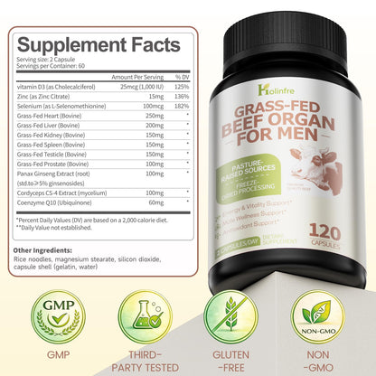 Grass Fed Beef Organ Supplement for Men - Beef Liver Capsules,Pasture Raised Beef Organs with Heart, Liver, Kidney, Spleen, Testicle & Prostate, Zinc, Selenium, Vitamin D3, Ginseng, Cordyceps HOLINFREBuy Supplements Australia