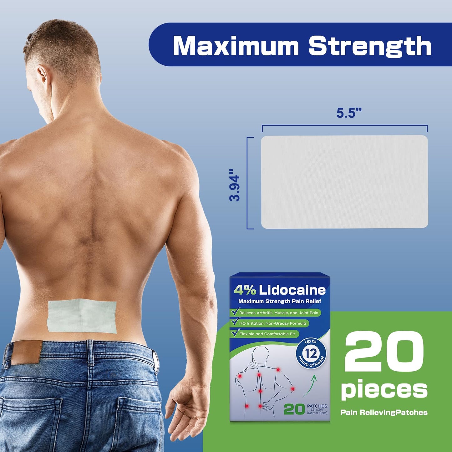Uposiut 4% Lidocaine Patches - 20 Count Maximum Strength Lidocaine Patches, 10 Packs of 2 Patches for Muscle Pain Relief in The Neck, Shoulders, Back, Knees, and Anks, 12 Hour Pain Relief-012345 UposiutBuy Supplements Australia