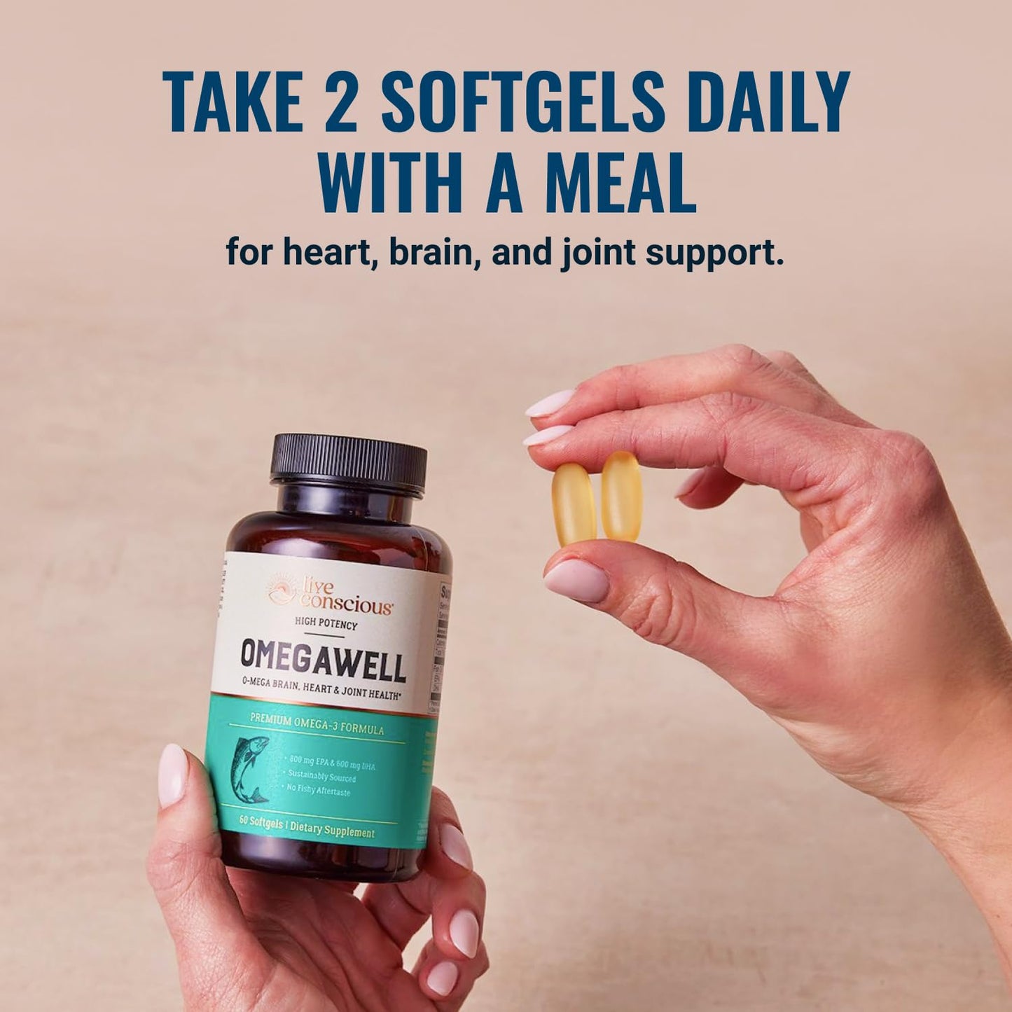 Live Conscious OmegaWell Omega 3 Fish Oil - 2000mg Capsules: Heart, Brain, & Joint Support - 800 mg EPA 600 mg DHA - Sustainably Sourced