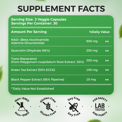 NAD+ Supplement, 1,360mg Max Strength Liposomal | Resveratrol, Quercetin, Green Tea | Cellular Energy & Healthy Aging for Men & Women | 800mg of 100% High Purity NAD+ for Energy, Focus - 90 Capsules HolistnatureBuy Supplements Australia