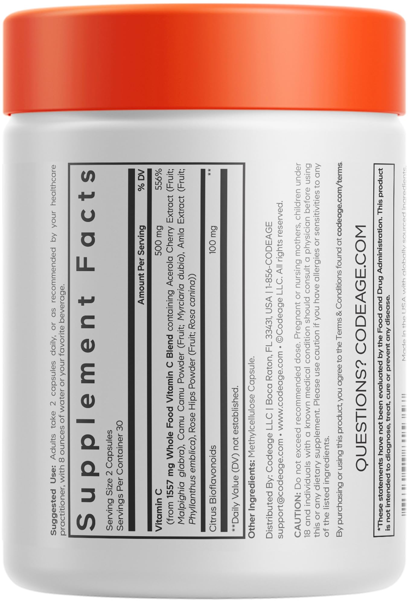 Codeage Whole Food Vitamin C Supplement - Acerola Cherry, Camu Camu, Amla Berry & Rose HIPS Blend - Citrus Bioflavonoids - Instantfood Energy Vitamins - 500mg Vitamin C Pills - Non-GMO - 60 Capsules CodeageBuy Supplements Australia