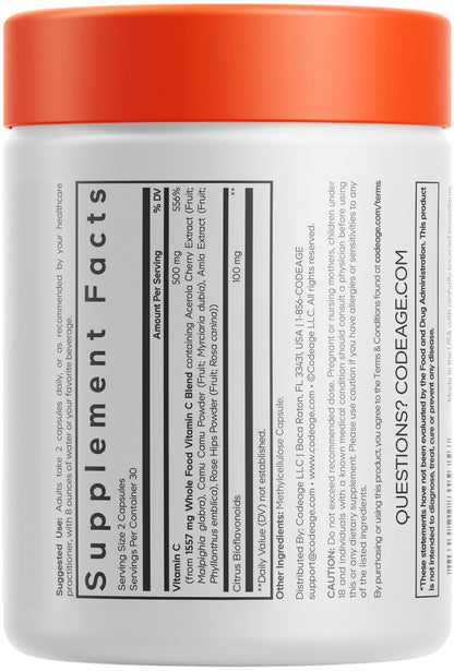 Codeage Whole Food Vitamin C Supplement - Acerola Cherry, Camu Camu, Amla Berry & Rose HIPS Blend - Citrus Bioflavonoids - Instantfood Energy Vitamins - 500mg Vitamin C Pills - Non-GMO - 60 Capsules CodeageBuy Supplements Australia