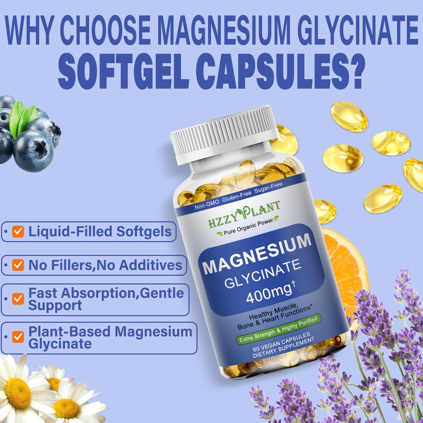 Magnesium Glycinate Softgels, High Absorption Magnesium Glycinate 400mg Supplement for Muscle, Heart, Sleep & Bone Support, Bisglycinate Softgel Capsules Supplement, Vegan, Non-GMO, 2 Month Supply HZZYPLANTBuy Supplements Australia