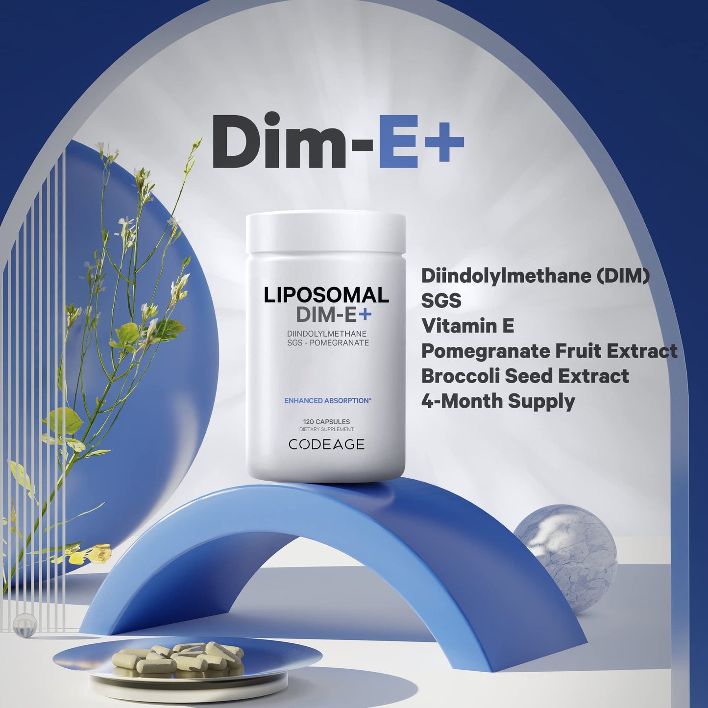 Codeage Liposomal DIM Supplement - 4 Months Supply of DIM Vitamins and SGS, Pomegranate, Broccoli, Vitamin E Isomers Tocopherols Alpha Beta Gamma Delta - Liposomal Formula - Gluten-Free - 120 Capsules CodeageBuy Supplements Australia